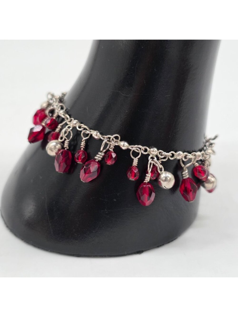 Red Crystal & Silver Bead Bracelet With Dangling Beads 7 inches